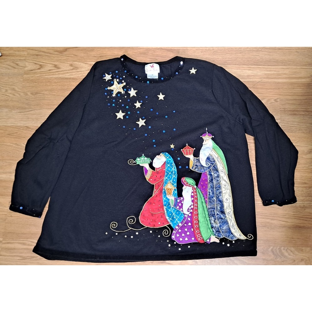 Vintage Quacker Factory 3X Blk‎ Christmas Manger 3 Wise Men Sweater Embellished